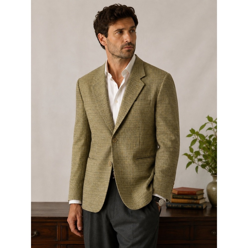 Mens Olive Green Tan Check Herringbone Two Button Sport Coat Blazer 42S VTG